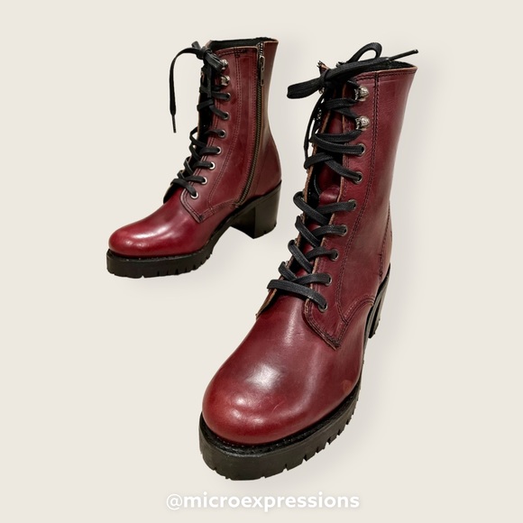 $528 Frye Sabrina Moto Oxblood Burgundy Red Lace Up Leather Combat Ankle Boot - Picture 10 of 16